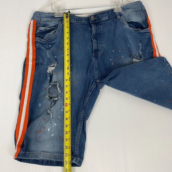 Spark Jean Shorts Mens SZ 42 Blue Medium‎ Wash Premium Denim Orange Stripe Jorts - Picture 8 of 14